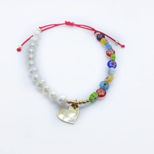 PULSERA PERLAS FLORES CORAZON DORADO