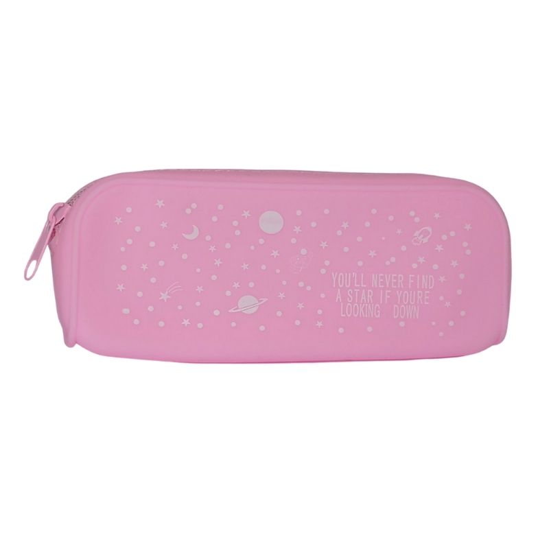 Estuche de Silicona Multiusos, LBP, Lapicera, Estuchera, Cierre Cremallera, Suave, Diseño Galaxia -Rosa Claro