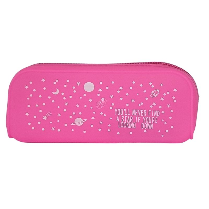 Estuche de Silicona Multiusos, LBP, Lapicera, Estuchera, Cierre Cremallera, Suave, Diseño Galaxia -Rosa Claro