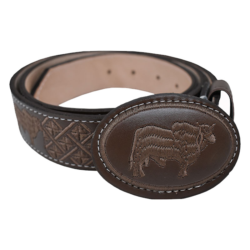 Cinturón De Piel Tipo Vaquero Bordado Hombre Buey Café Redondo