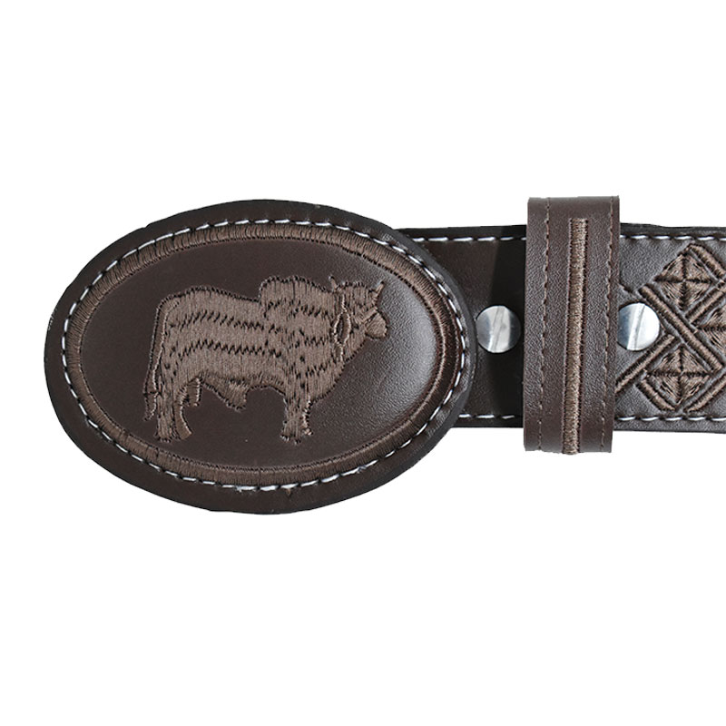 Cinturón De Piel Tipo Vaquero Bordado Hombre Buey Café Redondo