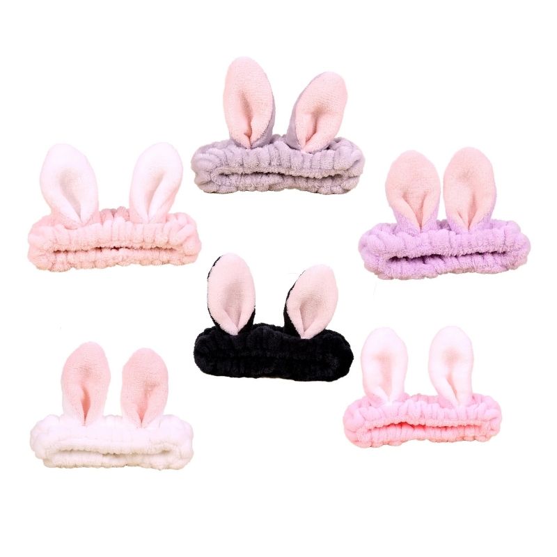 LBP 6 PACK, Banda Elástica para Cabello, Paquete de 6 Diademas de Mujer, Material de Felpa Suave, para aplicar Maquillaje, Mascarilla o Lavado Facial, Diseño Orejas de Conejo, Colores