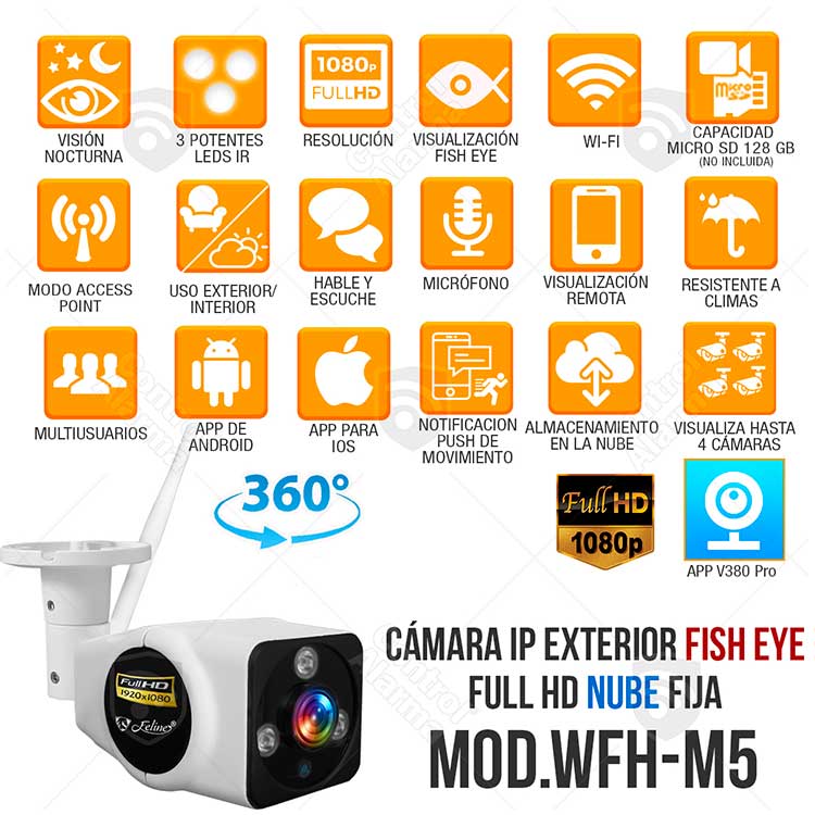 Camara Wifi Ip Full HD Exterior Fish Eye Panoramica Nube Zoom 3D Seguridad Audio