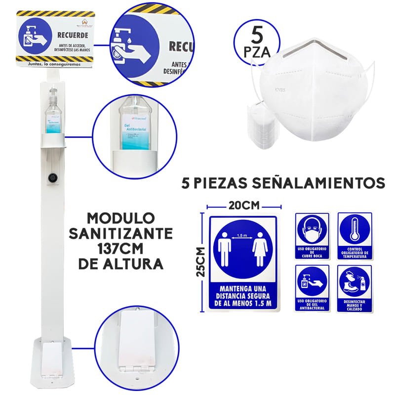 Dispensador De Gel + 5pzas Cubrebocas KN95 + 5pzas Señales Letrero 20X20 / modulo sanitizante