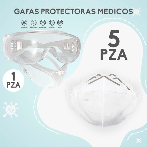 KIT Gafas Lentes Protectoras Uv + 5 pz Cubrebocas KN95