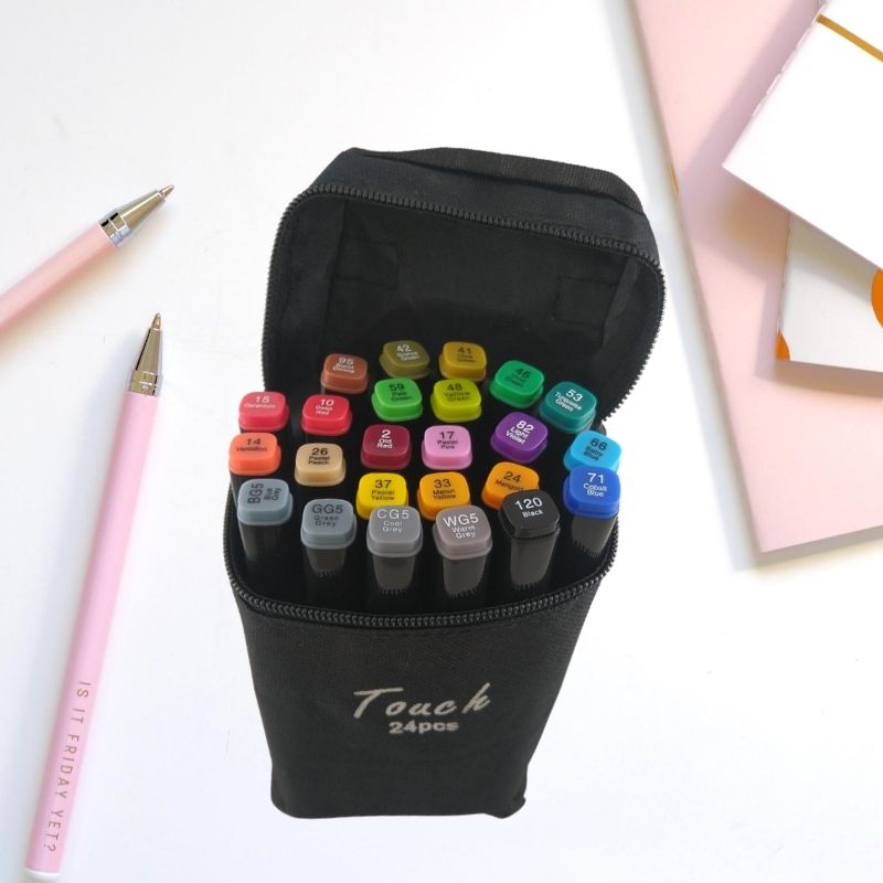 Set 24 Rotuladores Doble Punta, LBP, Marcadores puntas 6.1mm/1mm, Estuche de Tela, 15cm (6in) -Colores