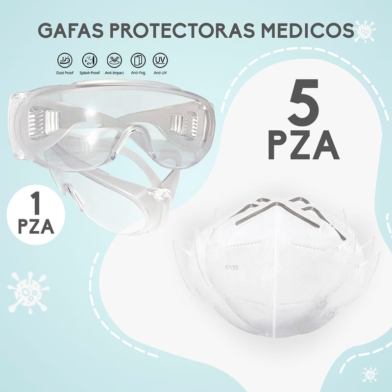 KIT 5 pz Cubrebocas KN95 + Gafas Lentes Protectoras 