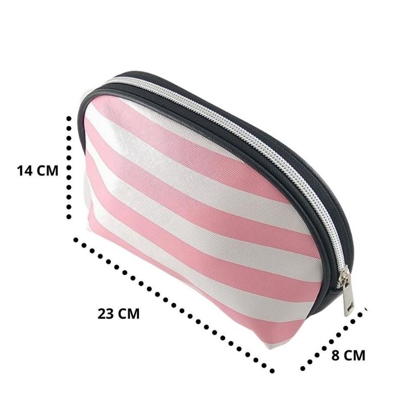 Cosmetiquera Neceser Estuche de Maquillaje, LBP, Semi Circular, Diseño Rayas, 23cm (9in) -Roja