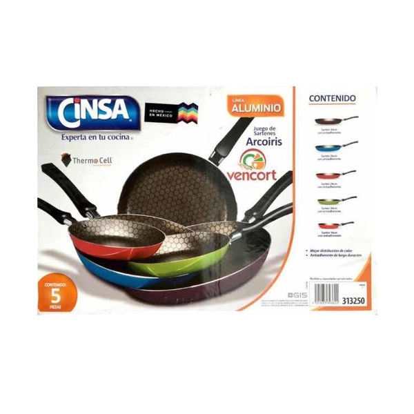 Juego De Sartenes Con Anti Adherente Arcoiris Cinsa 5 Piezas