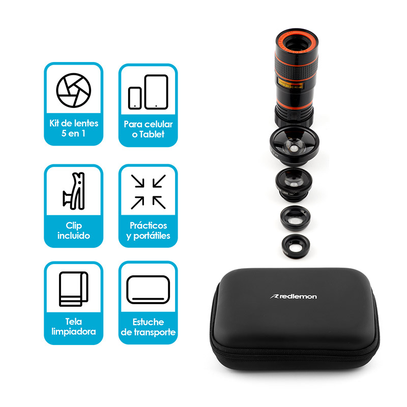 Lentes para Celular 5 En 1 Telefoto Macro Fisheye Redlemon