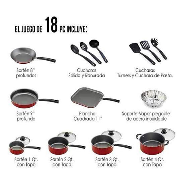 Bateria de Cocina Primaware Rojo 18 piezas 