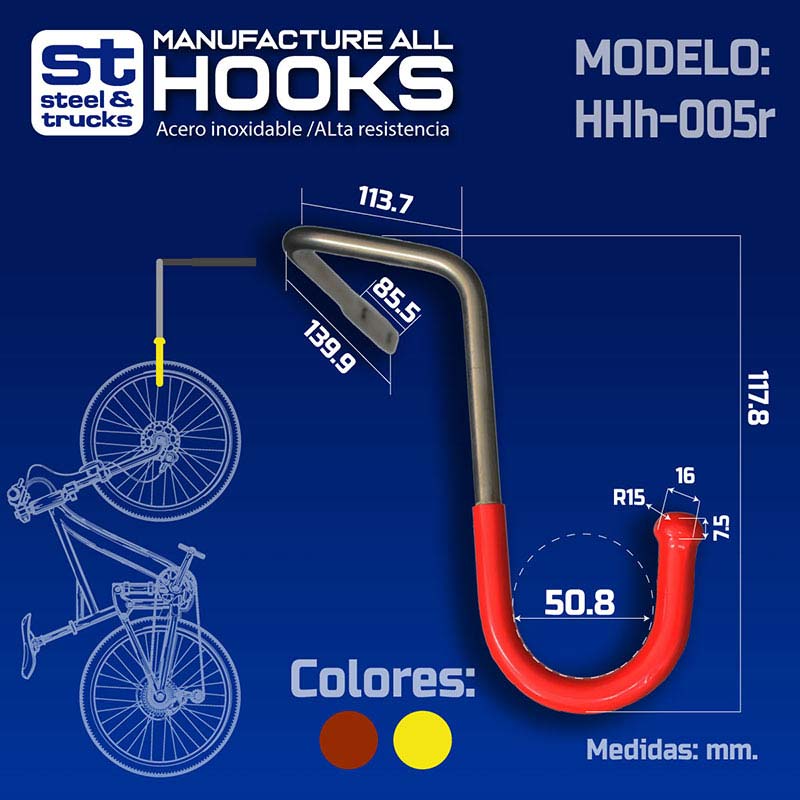 Soporte para bicicletas en pared forma gancho en L c/goma Hh-005r