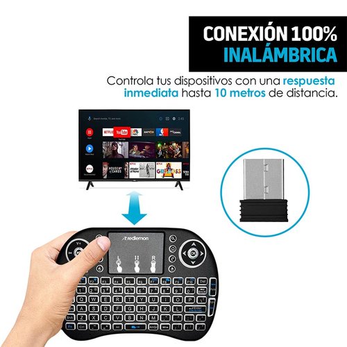 Redlemon Teclado Inalámbrico Mini con Touchpad para Smart TV, Retroiluminación, Receptor USB 2.4GHz Hasta 10 Metros, Batería Recargable, Compatible con Android, iOS, PC, TV Box, Smart TV y Consolas