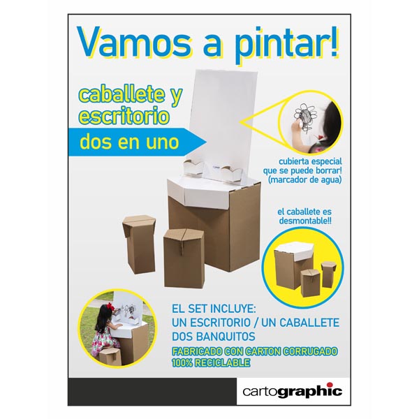 ESCRITORIO INFANTIL + CABALLETE + 2 BANQUITOS