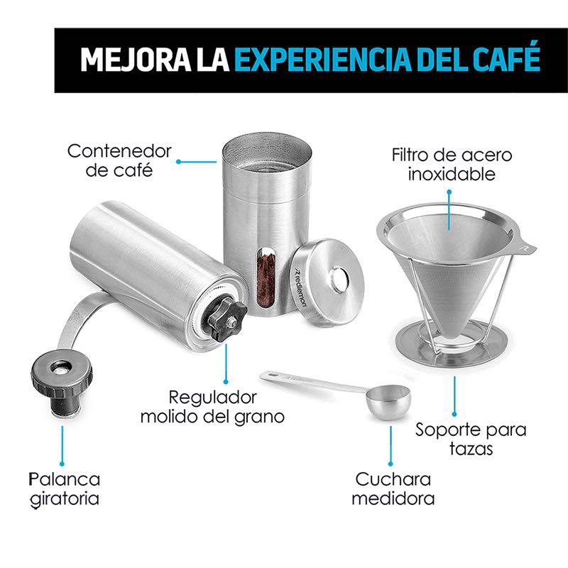 Molino de Café Manual Filtro Acero Inoxidable 3 Pz Redlemon