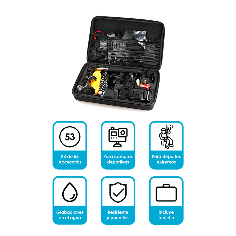 Redlemon Accesorios para Cámara de Deportiva 53 en 1 con Maletín para Transportar, Compatible con GoPro. Incluye Tripié, Selfie Stick, Soporte para Casco, Bicicleta, Correa de Muñeca, Arnés y más