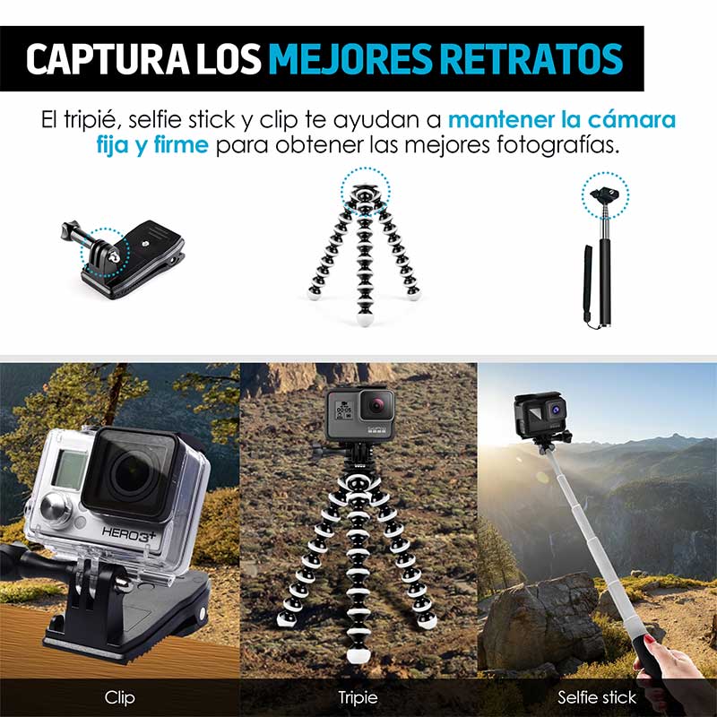 Redlemon Accesorios para Cámara de Deportiva 53 en 1 con Maletín para Transportar, Compatible con GoPro. Incluye Tripié, Selfie Stick, Soporte para Casco, Bicicleta, Correa de Muñeca, Arnés y más