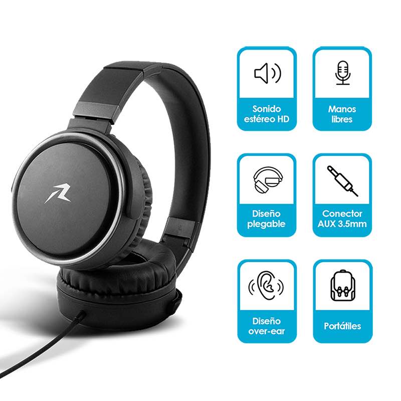 Redlemon Audífonos tipo Diadema Over-Ear Plegables, Sonido High Definition, Manos Libres, Cable Auxiliar 3.5mm, con Aislamiento de Ruido Externo