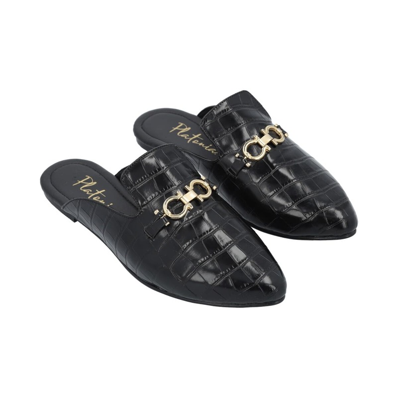 Flat Mule Tipo MocasÃn Puntal Para Mujer Color Drillo Negro