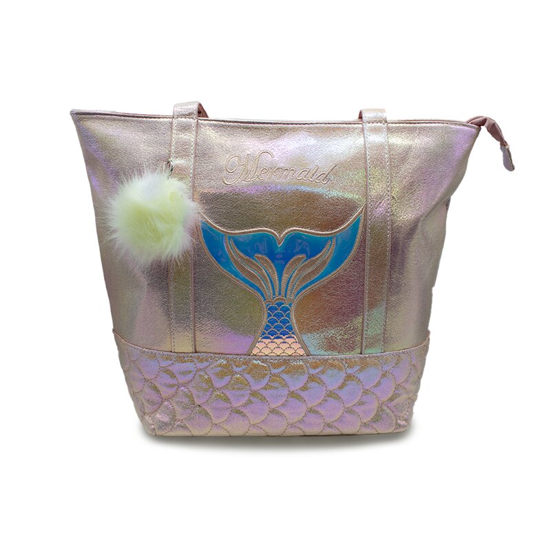 Bolsa para Dama Casual Tornasol Rosa Diseño de Sirena Con Llavero De Pompon