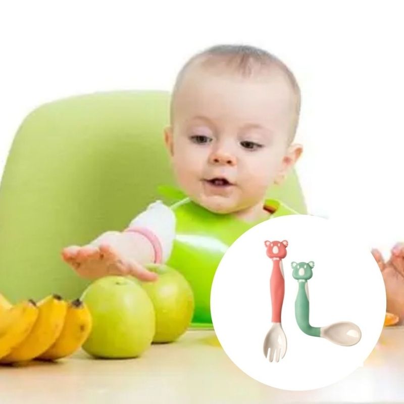 Set de Cubiertos para Bebé, LBP, Cuchara y Tenedor, Silicona Suaves Flexibles, Diseño Oso, 14.5 cm (5.7in) -Azul