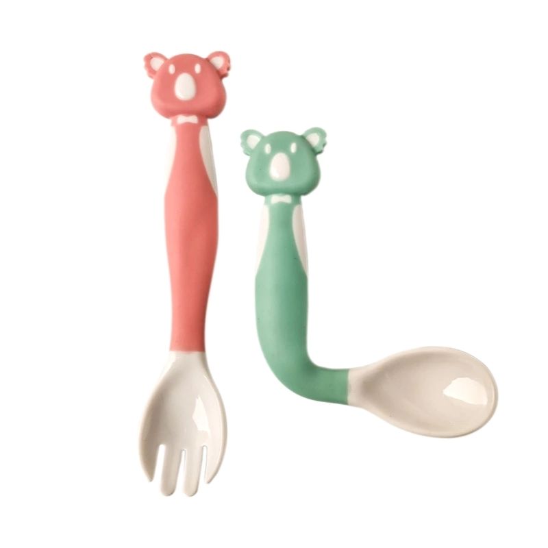 Set de Cubiertos para Bebé, LBP, Cuchara y Tenedor, Silicona Suaves Flexibles, Diseño Oso, 14.5 cm (5.7in) -Azul