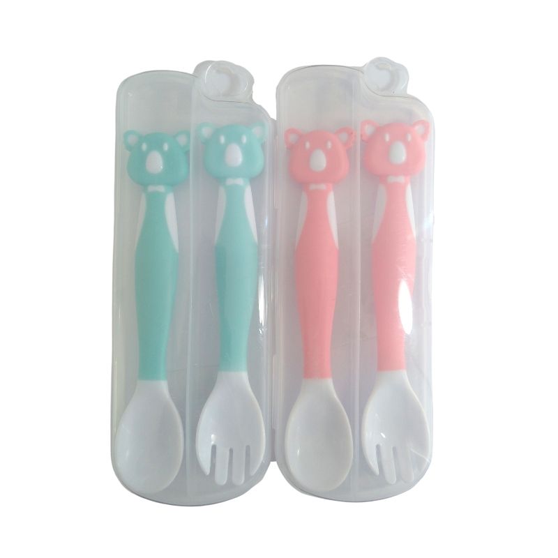 Set de Cubiertos para Bebé, LBP, Cuchara y Tenedor, Silicona Suaves Flexibles, Diseño Oso, 14.5 cm (5.7in) -Azul