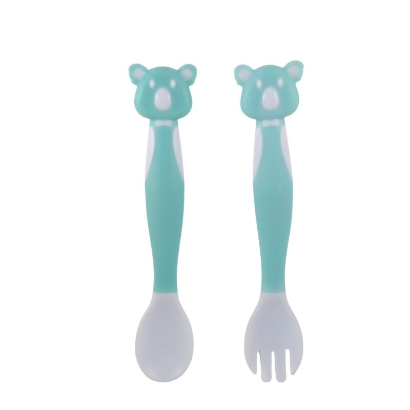 Set de Cubiertos para Bebé, LBP, Cuchara y Tenedor, Silicona Suaves Flexibles, Diseño Oso, 14.5 cm (5.7in) -Azul