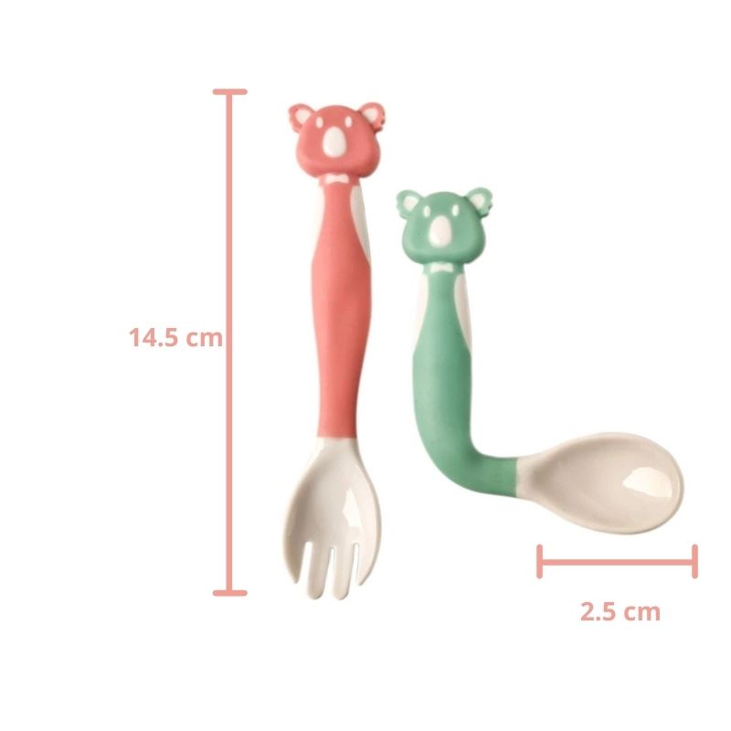 Set de Cubiertos para Bebé, LBP, Cuchara y Tenedor, Silicona Suaves Flexibles, Diseño Oso, 14.5 cm (5.7in) -Azul