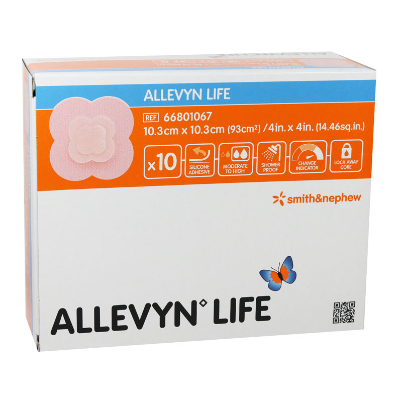 ALLEVYN LIFE (chico). Apósito hidrocelular en forma cuatrilobular para heridas altamente exudativas con adhesivo de silicón. 10.3x10.3 cm. Caja con 10 apositos