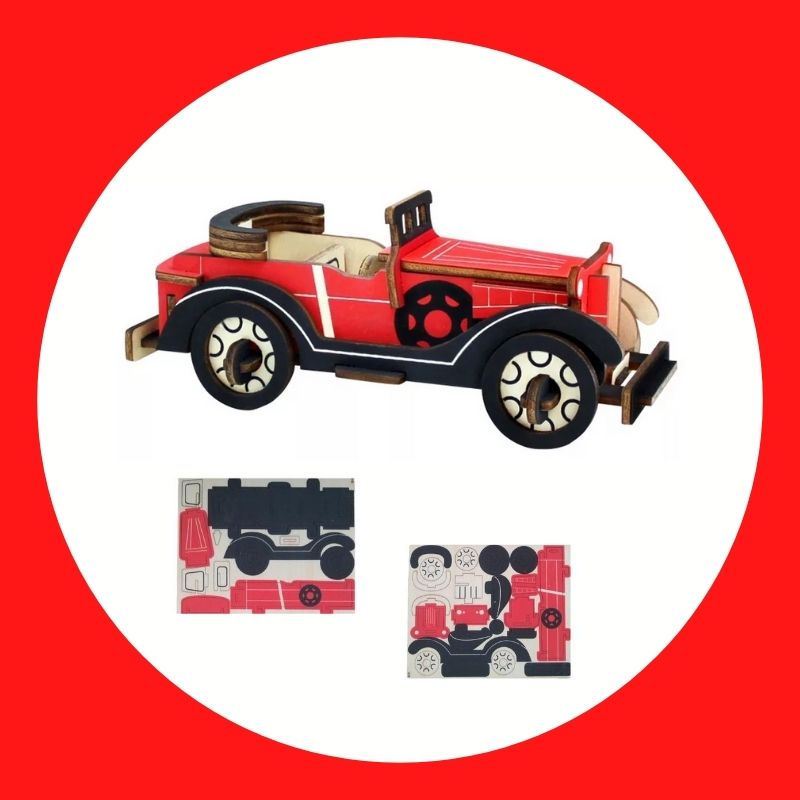 Rompecabezas 3D Carro Clásico Convertible, LBP, Kit Construcción Madera Armable, 16.9 cm (6.6in) -Rojo