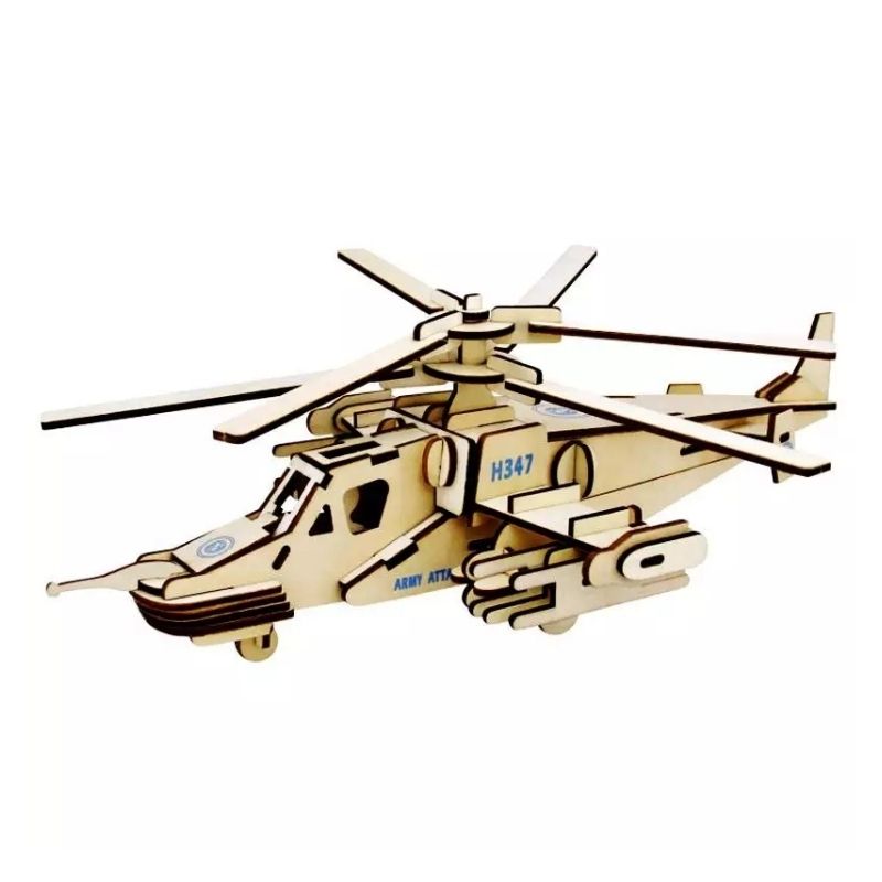 Rompecabezas 3D Helicóptero Militar, LBP, Kit Construcción Madera Armable, 31.5 cm (12.4in) -Beige