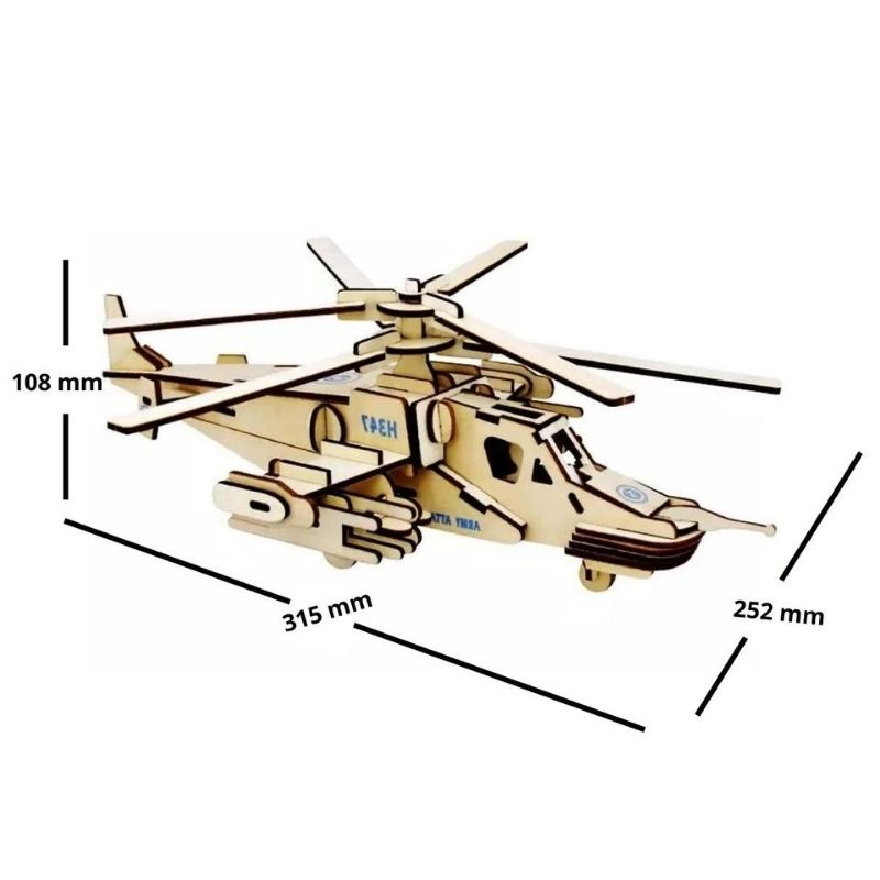 Rompecabezas 3D Helicóptero Militar, LBP, Kit Construcción Madera Armable, 31.5 cm (12.4in) -Beige