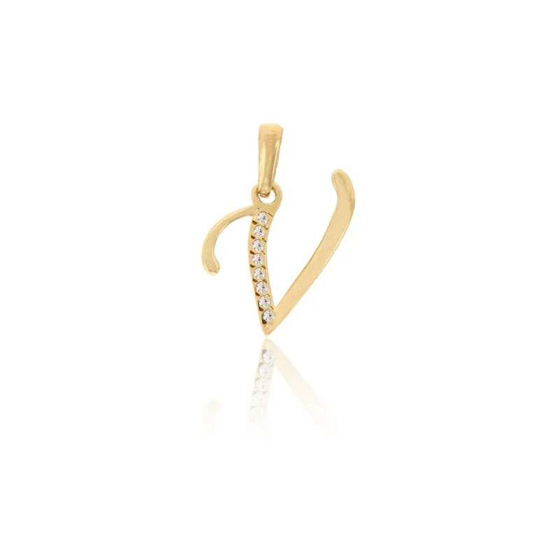 Dije Inicial Letra V Con Circonias Oro 14 K