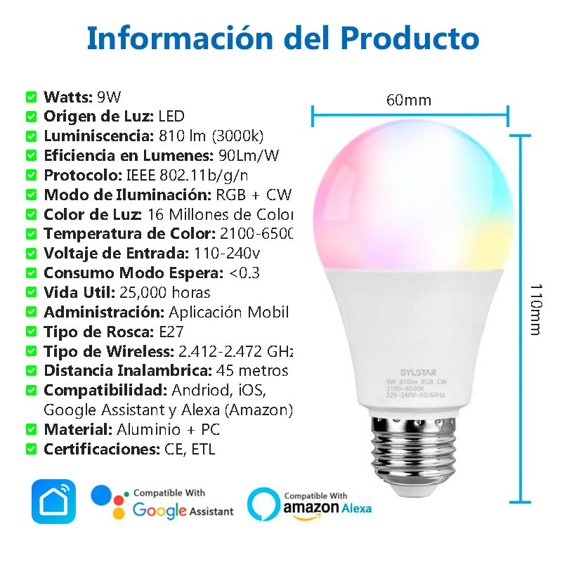 Foco Inteligente Wi-Fi 9W RGB+CW SSA Mx