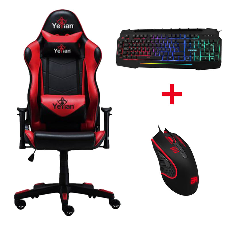 Silla Gamer, Asiento giratorio ajustable, Pistón clase 4, Inclinación ajustable, Brazos con Ajuste 4D, 5 soportes metálicos + Teclado y mouse - Rojo