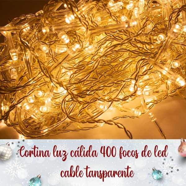 Cortina Decorativa Luz Led Cálida 400 Focos 3x1.5 m Fija Cable Transparente