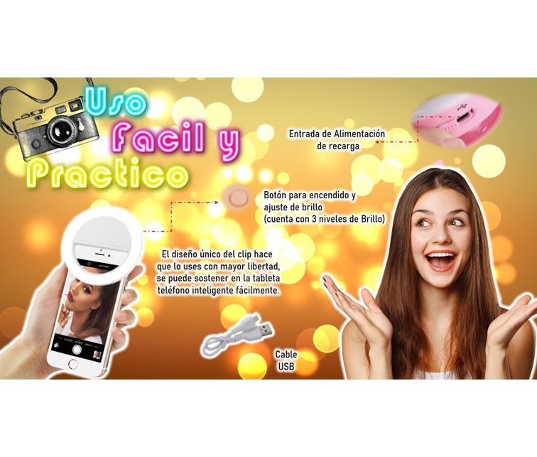Aro Luz Led Recargable Selfie Flash Android Ios Clip 3 Niveles de luz