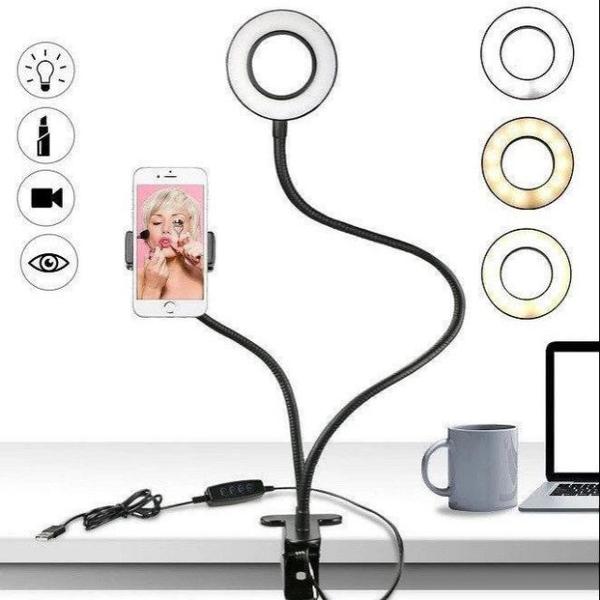Aro Led Con Pinza, Soporte Para Celular Flexible y Ajustable Color Negro