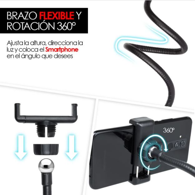 Aro Led Con Pinza, Soporte Para Celular Flexible y Ajustable Color Negro