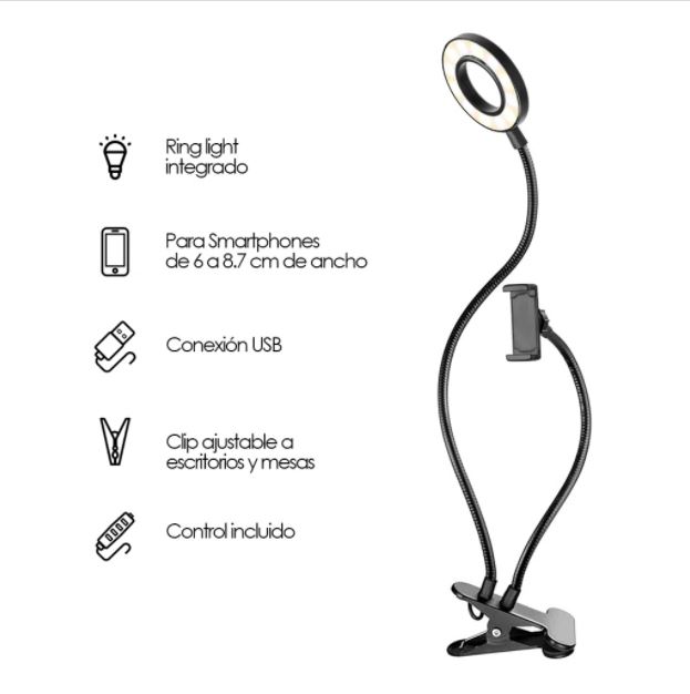 Aro Led Con Pinza, Soporte Para Celular Flexible y Ajustable Color Negro