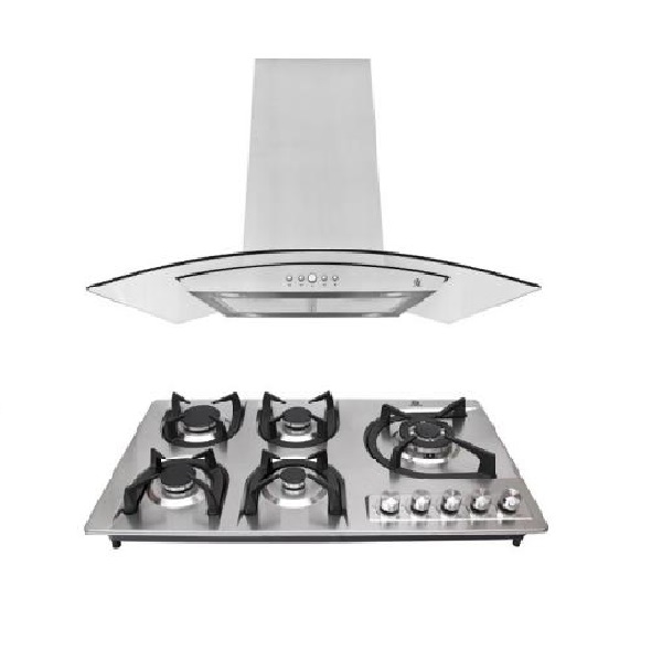 Combo campana decorativa de isla con cristal curvo y parrilla para gas empotrable SUPRA ASCEA campana extractora de acero parrilla de 90 cm con cubierta de acero inoxidable 