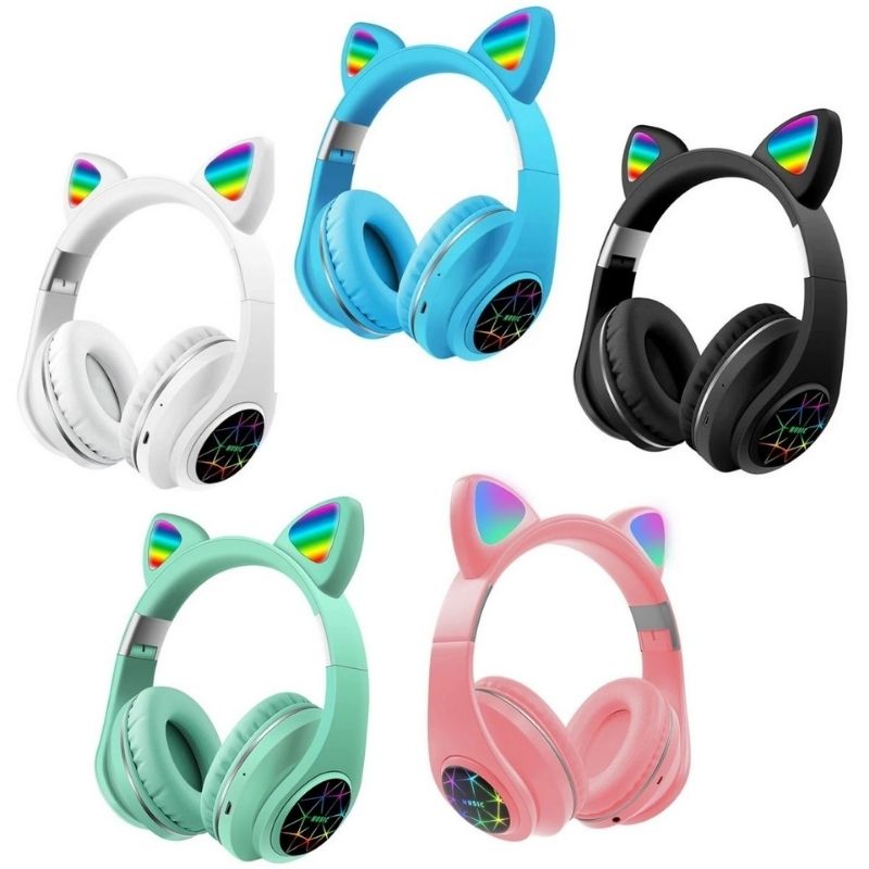 Audífonos Bluetooth Diadema Orejas de Gato con luz LED, LBP, con Cancelación de Ruido -Rosa