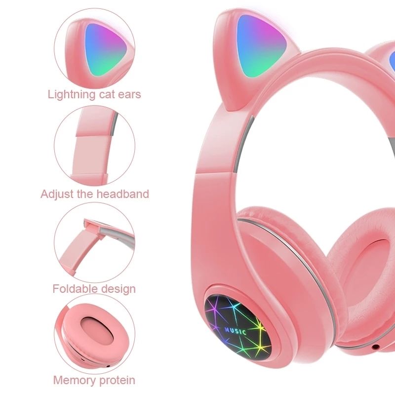 Audífonos Bluetooth Diadema Orejas de Gato con luz LED, LBP, con Cancelación de Ruido -Rosa