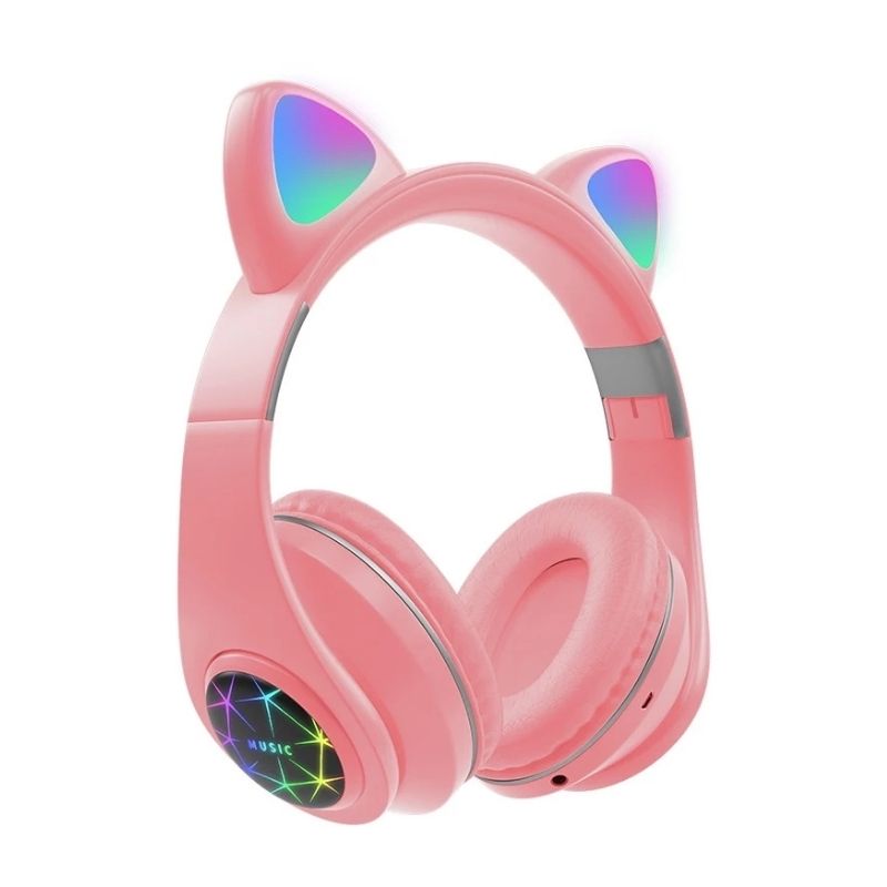 Audífonos Bluetooth Diadema Orejas de Gato con luz LED, LBP, con Cancelación de Ruido -Rosa