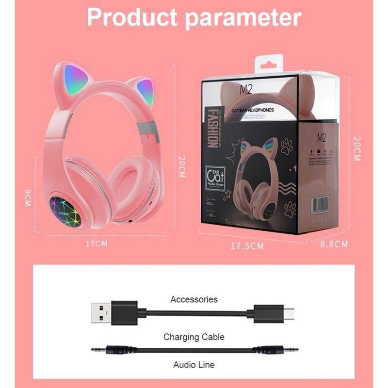 Audífonos Bluetooth Diadema Orejas de Gato con luz LED, LBP, con Cancelación de Ruido -Rosa