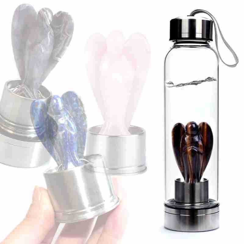 BOTELLA AGUA ANGEL CRISTAL GEMA CUARZO OJO DE TIGRE