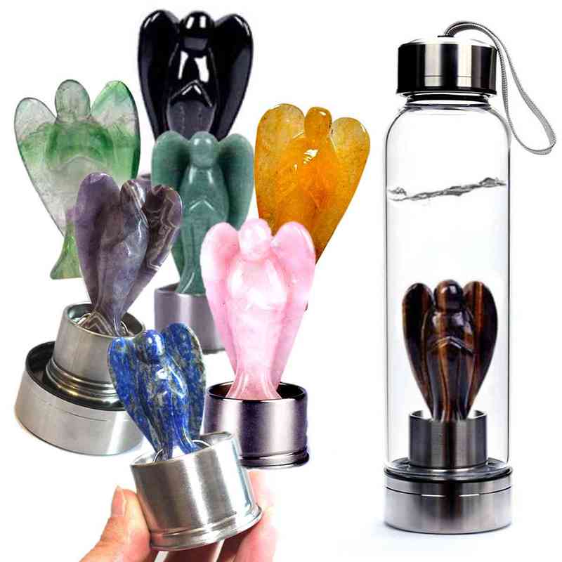 BOTELLA AGUA ANGEL CRISTAL GEMA CUARZO OJO DE TIGRE