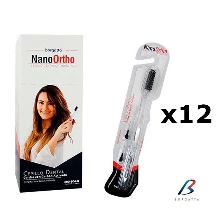 12 Cepillos Dental Nano Ortho Con Carbon Activado Y Cepillos Interdentales Borgatta