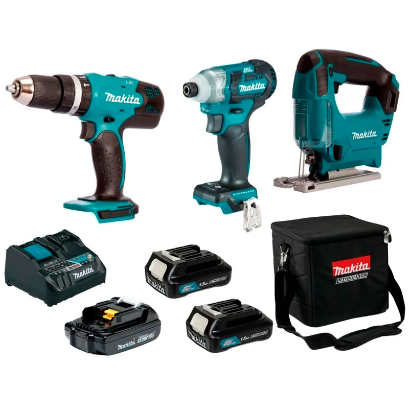 Combo Makita Rotomartillo + Atornillador y Caladora Inalámbricos Con Baterías y Maleta